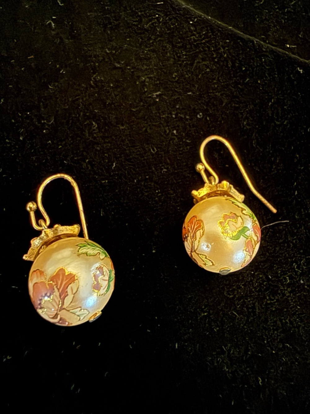 Gold-Tone Floral Cloisonné Drop Earrings - Pink and Green